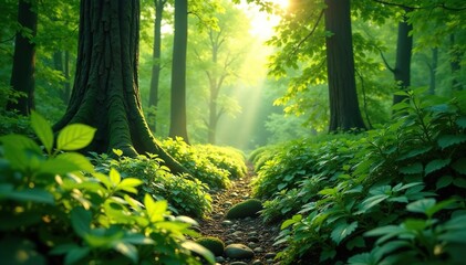 Fototapeta premium Lush forest green foliage, sunlight dappling through leaves , photo, trees