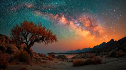 Milky way sunset over desert landscape