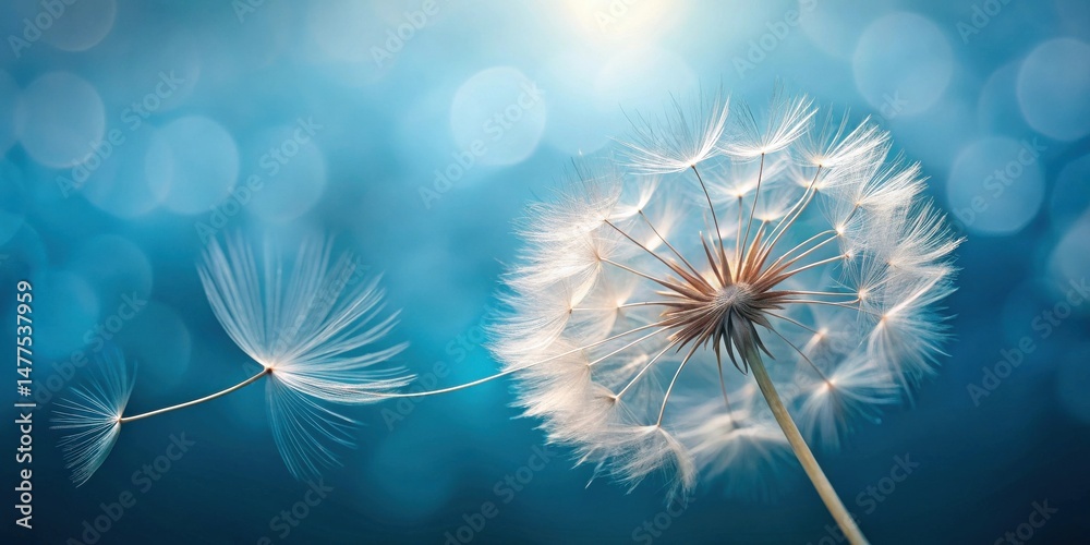 Poster a delicate dandelion seed head with a single seed in flight against a soft blue background