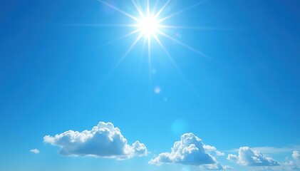 Brilliant blue sky, sun shining brightly, fluffy white clouds ,  bright,  day time
