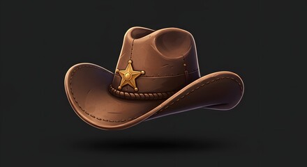Brown Cowboy Hat with Star Badge Isolated on Dark Background