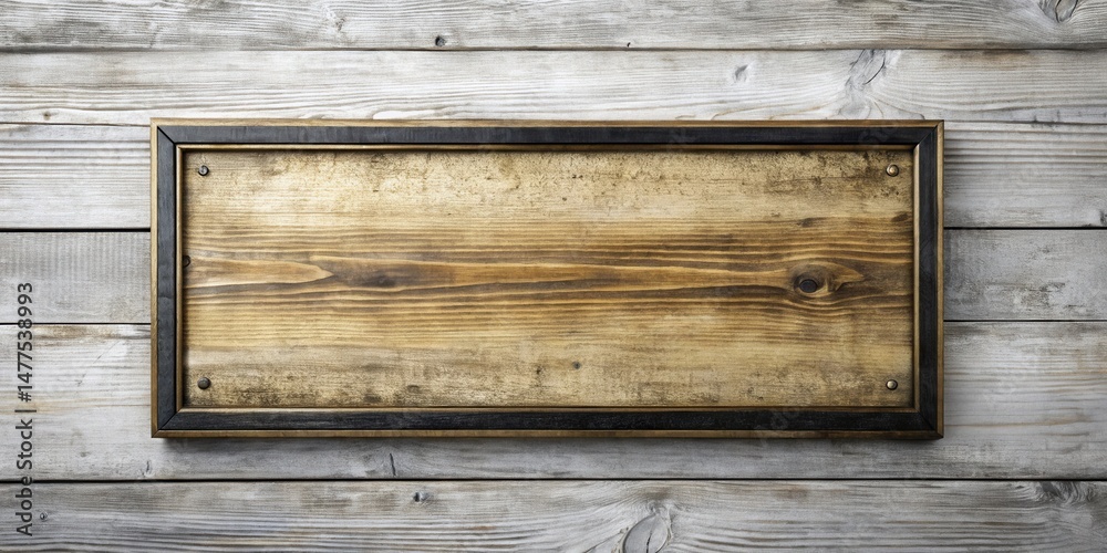 Poster rustic wooden sign with dark frame on weathered plank background, ideal for vintage or rustic design