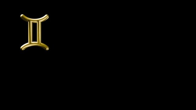 3D rotating gold gemini zodiac sign on pure black background.