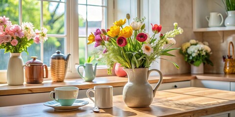 Fototapeta premium A vibrant spring bouquet in a rustic pitcher graces a sunlit kitchen counter, accompanied by teacups and the gentle glow of morning light streaming through a nearby window.