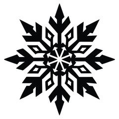 Black symmetrical snowflake element presents a wintery, festive decorative emblem on white
