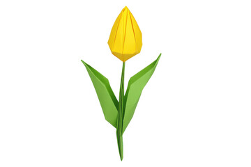 Single yellow origami tulip with green leaves on a transparent background vector, symbolizing handmade art, creativity, and traditional paper folding