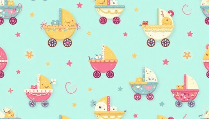 Fototapeta premium Cute stroller pattern, pastel colors and playful shapes, illustration, background