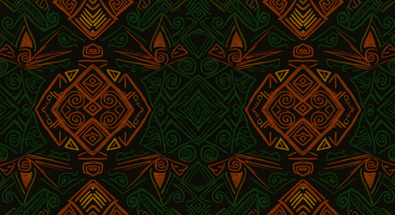 Hand-drawn Tribal Seamless Pattern with Vibrant Colors for Ethnic Textiles, Web Backgrounds, and Packaging Design