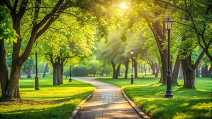 Naklejka premium Serene Pathway Through a Sunlit Park with Lush Greenery and Elegant Lighting