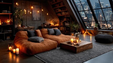 Fototapeta premium Warm cozy living room with bookshelves and soft lighting urban loft evening ambiance relaxation
