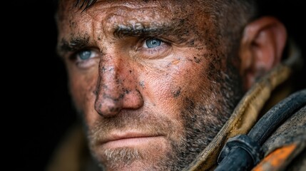 Heroic firefighter portrait after intense battle urban scene close-up gritty environment emotion