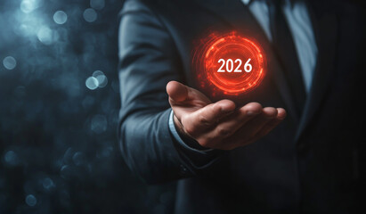 Businessman Holding Target Icon with 2026 for Goal Achievement