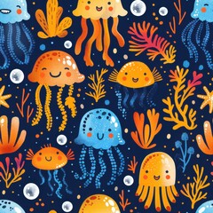 Naklejka premium seamless repeating pattern of bright cartoon jellyfish, fish, seahorses, starfish, and undersea plants