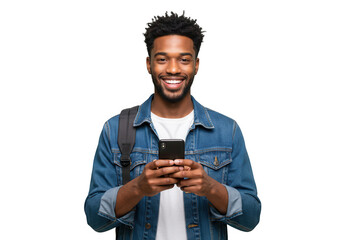 Smiling man with phone isolated on transparent background