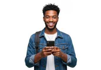 Smiling man with phone isolated on transparent background