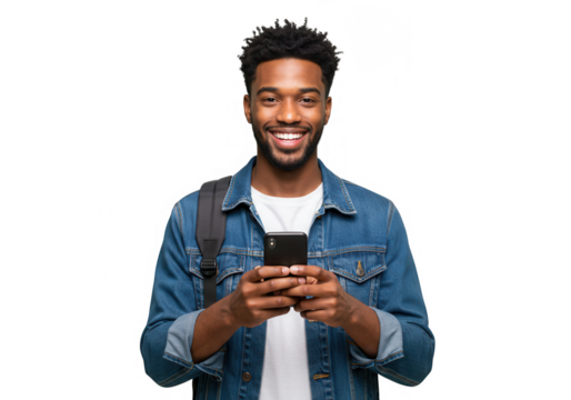 Smiling man with phone isolated on transparent background