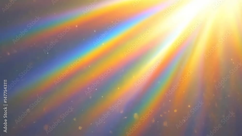 Poster rainbow-colored light beams illuminating dark environment, floating particles creating mesmerizing a