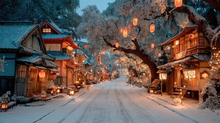 Fototapeta premium Enchanting winter night in a lantern-lit village snowy street magical atmosphere scenic view