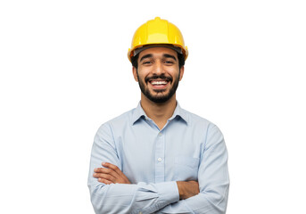 Smiling engineer with hardhat isolated on transparent background