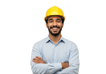 Smiling engineer with hardhat isolated on transparent background
