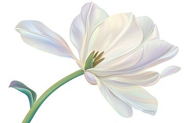 A delicate white tulip with smooth petals and a vibrant green stem, isolated on a white background
