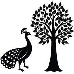 A black bird stands next to a tree with a bird on it