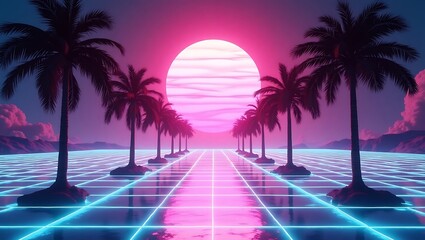Naklejka premium Synthwave Palm Trees Retro Futuristic Sunset Landscape