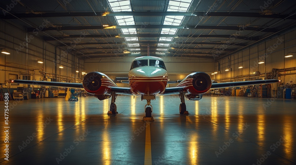 Poster a shiny private aircraft is positioned prominently in a large hangar, illuminated by overhead lights