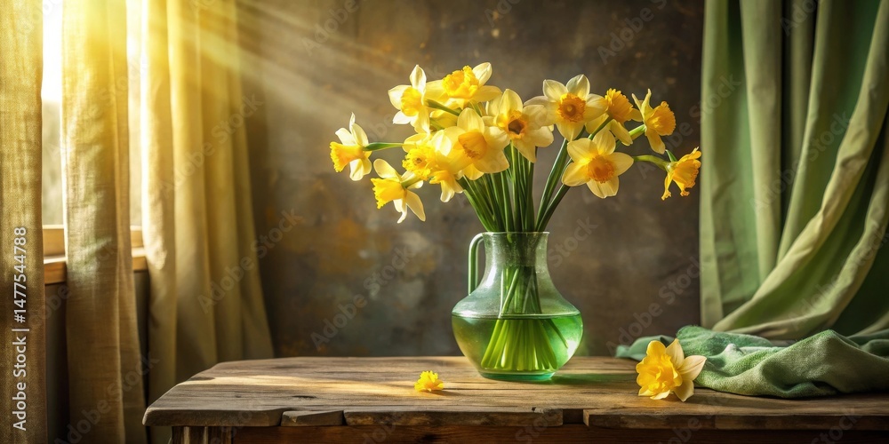Poster sunlit daffodils in a glass vase on rustic wooden table with draped fabric