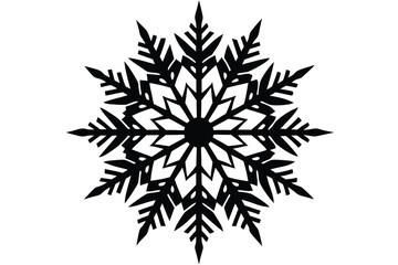 Intricate black snowflake with pointed edges, complex patterns, and symmetrical design stands out against a white backdrop