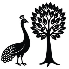 A black bird stands next to a tree with a bird on it