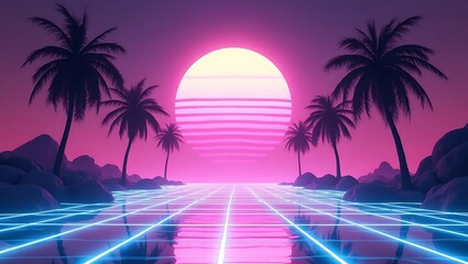 Naklejka premium Synthwave Sunset Retro Palm Tree Paradise Grid Landscape