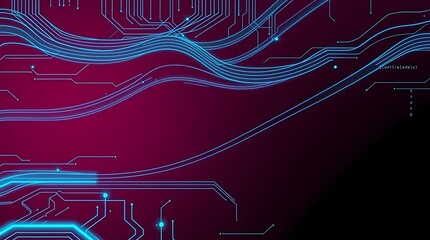 Obraz premium Abstract background with glowing blue circuit board lines blending into organic flowing shapes against a reddish-purple gradient.