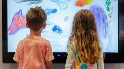 Two children, a girl with shoulder-length brown hair wearing a pink shirt and a boy with short brown hair in a black shirt, are engaged with a large digital screen.