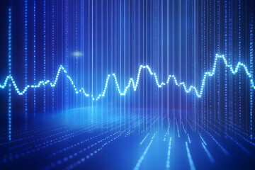 Naklejka premium Abstract digital background with glowing light graphs and binary code over blue gradient bars representing data analysis and financial growth.