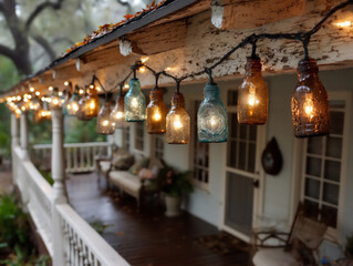 Obraz premium making outdoor lighting, using glass bottles and light bulbs.