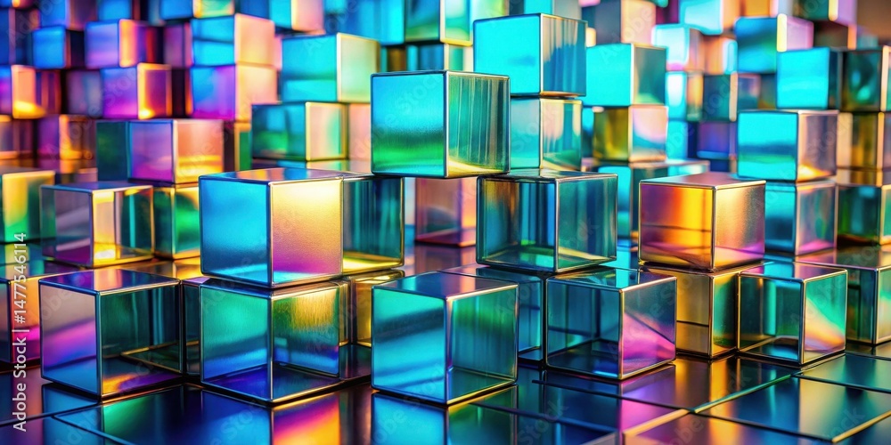 Aufkleber Abstract iridescent cube arrangement, reflecting vibrant colors and shimmering surfaces, creating a visually captivating and dynamic display of geometric shapes