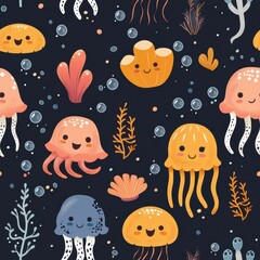 Naklejka premium seamless repeating pattern of bright cartoon jellyfish, fish, seahorses, starfish, and undersea plants