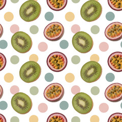 Fototapeta premium Seamless pattern of fresh kiwi and passion fruit with pastel polka dots