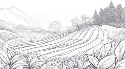 Fototapeta premium Scenic Black and White Landscape with Rolling Fields and Trees