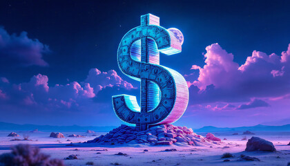 Giant glowing dollar sign monument stands majestically on a desert landscape under a vibrant sunset sky.