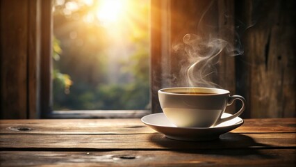 Aromatic Steam Rising from a Warm Cup of Coffee on Rustic Wooden Table by Window with Natural Light