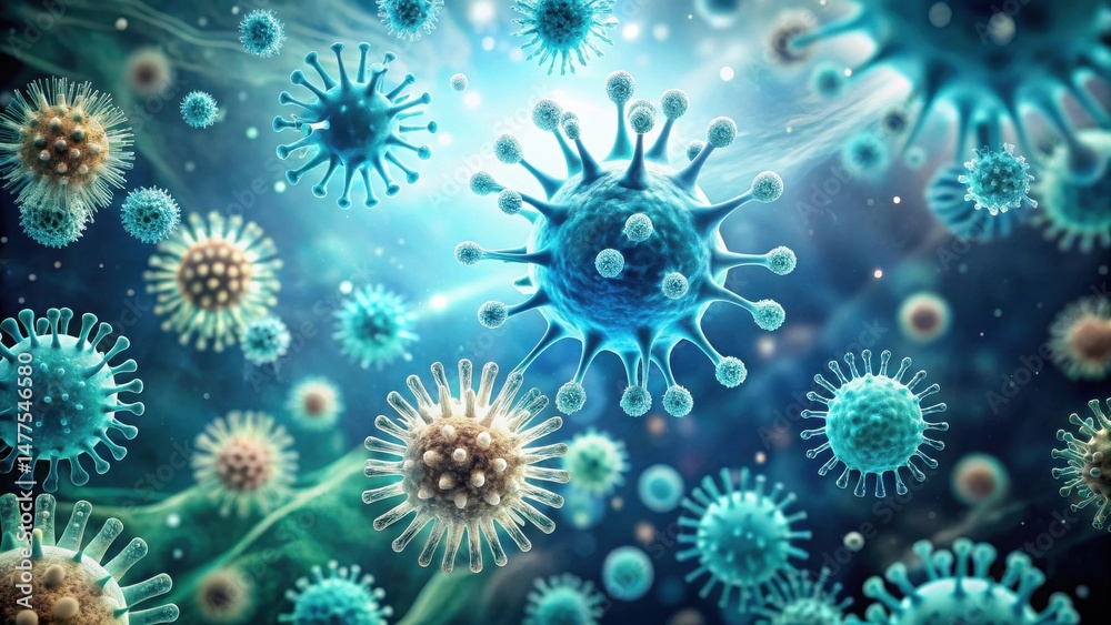 Aufkleber Microscopic View of Viral Particles Exhibiting Diverse Morphologies and Structures in a Complex, Dynamic Environment