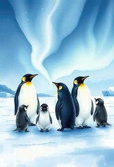 Fototapeta premium Emperor Penguins Under the Aurora Australis