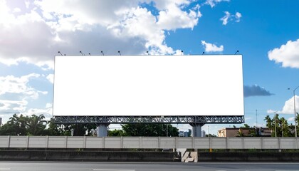 Fototapeta premium Big White Billboard in City - Billboard near Road in Metropolis - Highway Ad Background for Mockup and Placement for Advertisement - Horizontal Blank Poster Whitebox Template