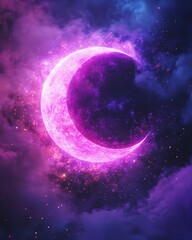 Naklejka premium Vibrant cosmic crescent moon in purple hues.