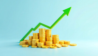 Illustrating financial prosperity and growth, a close-up image features stacked golden coins alongside a rising green arrow, symbolizing positive financial trends.