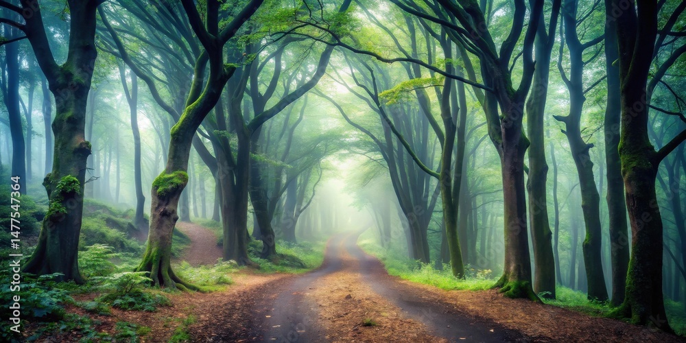 Poster mystical forest path a serene journey through fog-shrouded trees and verdant undergrowth