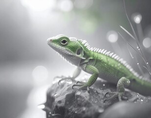 Fototapeta premium Portrait of Imaginary Green Lizard on a Rock
