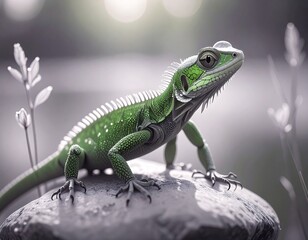Obraz premium Portrait of Imaginary Green Lizard on a Rock
